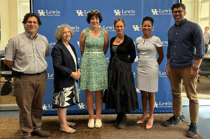 The six professors selected as Lewis Honors College’s inaugural Faculty Fellows are, from left, Marcelo Guzman, Abigail Firey, Elizabeth Williams, Liz Swanson, Devyn Spence Benson and Joe Martin