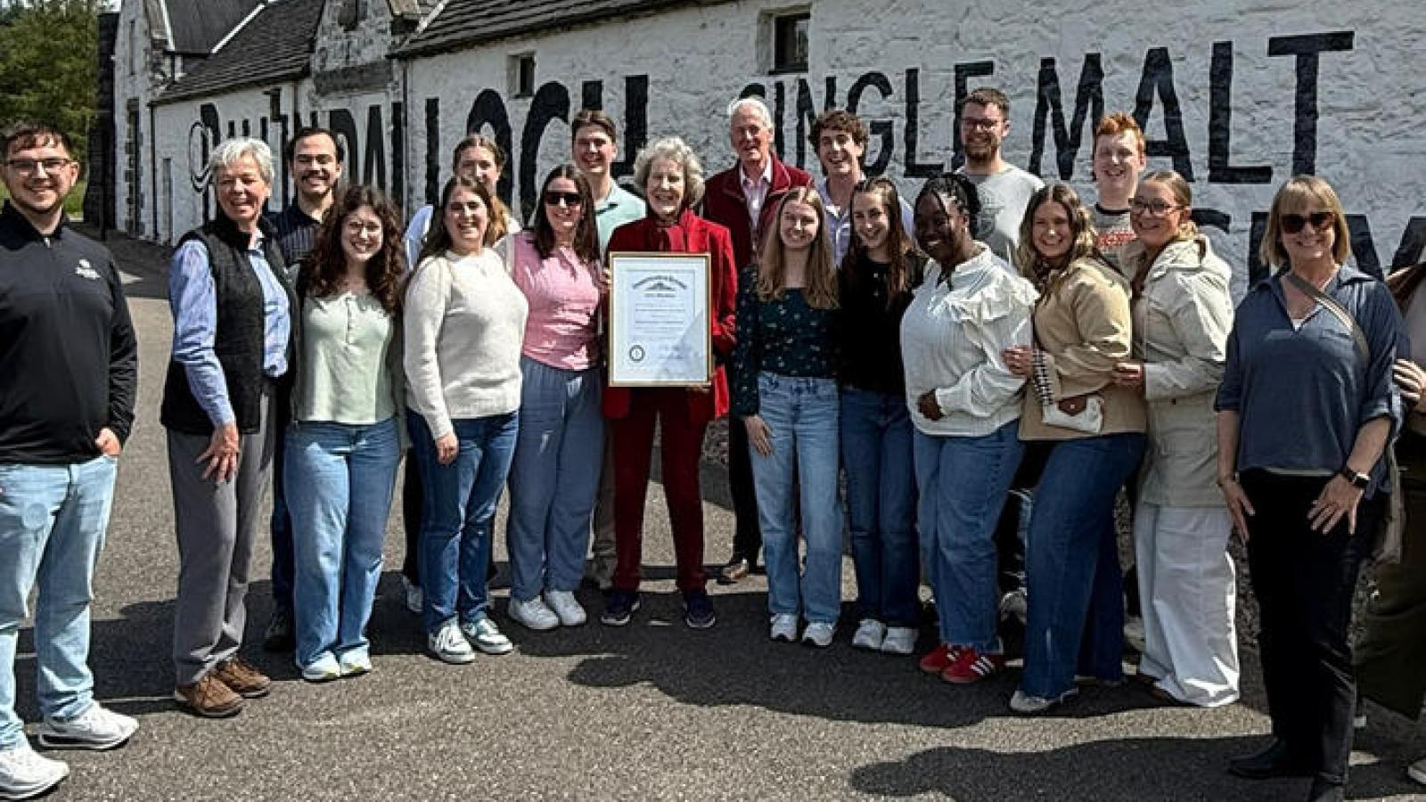 Students tour the historic Ballindalloch Distillery and meet Clare and Oliver Macpherson-Grant, parents of the current laird, or estate land-owner. The Macpherson-Grant family has owned the land dating back to the 1500s.