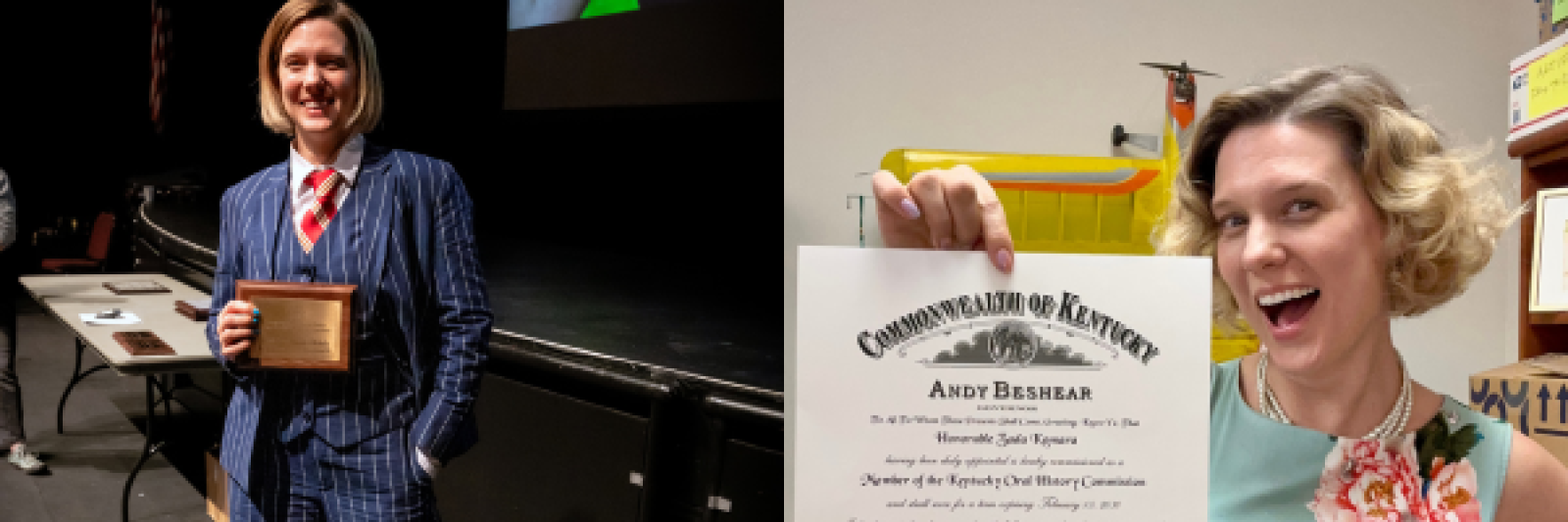 Zada Komara holding two awards: Travis Stimeling Early Career Award for Excellence in Teaching Appalachian Studies and Kentucky Oral History Commission Member certificate