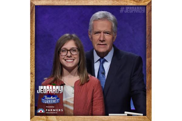 UK graduate Claire Bishop pictured with "Jeopardy!" host Alex Trebek.