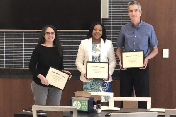 (Left to right) Erica Whitaker, Department of Mathematics; Yolanda Jackson, Department of Dietetics Health and Nutrition; and Terrence Draper, Department of Physics, received awards during the DRC annual recognition ceremony.