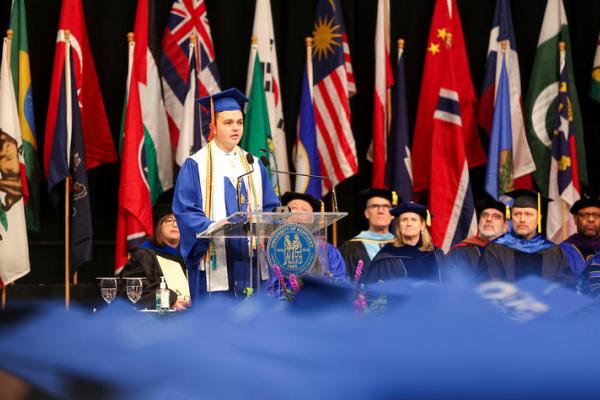 UK graduate Brysen Honeycutt addresses the December 2025 UK Commencement ceremony on Dec. 19. 2025.
