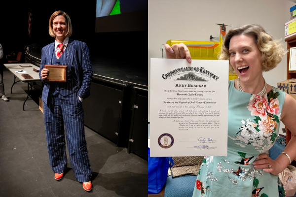 Zada Komara holding two awards: Travis Stimeling Early Career Award for Excellence in Teaching Appalachian Studies and Kentucky Oral History Commission Member certificate