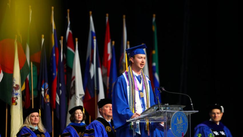 Ethan Morgan, a graduate from the UK College of Arts and Sciences and Lewis Honors College, delivers the student address at the 2 p.m. Friday, May 10 ceremony. UK Photo