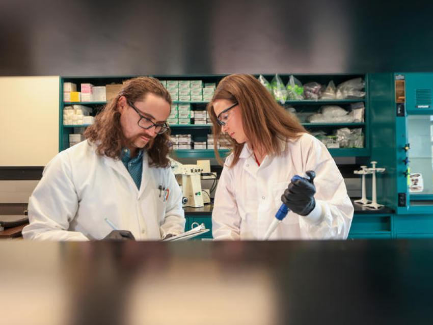 Caleb Bailey, Ph.D., left, and McKenna Green co-authored the paper exploring whether a drug developed to combat neuroinflacemmation in dementia could also help reduce brain inflammation associated with alcohol withdrawal. 